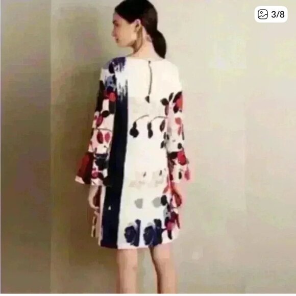 Maeve Anthropologie Blue Red Off-white Floral Print Bell-Sleeve Shift Dress S - Picture 2 of 11